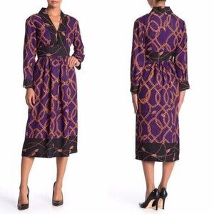 $245 EUC Neiman Marcus Fall Women's Purple Chain print V-Neck Midi Dress size  0